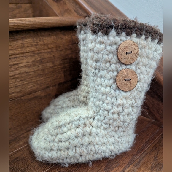 Handmade Wool Suede & Shearling Cream & Brown Crochet Baby Boots Sz 1-2 Years - Picture 6 of 7